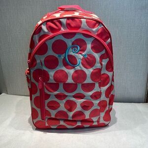 thirty-one Pink Gray Polka Dot Backpack "C" Embroidered School Dance Girls Kids